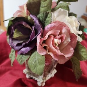 Silk Floral Arrangement with Pink, Cream and Purple Roses